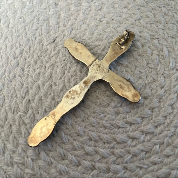 Large N Dishta Zuni Turquoise Cross Pendant Sterling Silver Inlay Navajo NM Vtg - Picture 8 of 15